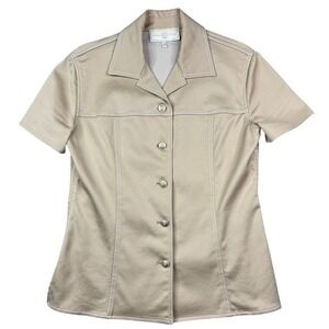 St John Sport Marie Gray Tan Short Sleeve Button Up Top Contrast Stitch Size S